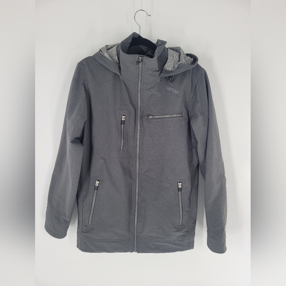 Marmot Women’s Soft Shell Hooded Jacket Gray Tech Pockets Windbreaker Size S